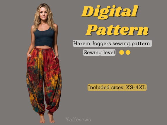 Harem Pants Sewing Pattern PDF, Joggers Sewing Pattern XS-4XL, Digital Download Baggy Pants, Easy Sewing Pattern Women, DIY Trousers