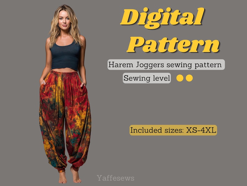 Harem Pants Sewing Pattern PDF, Joggers Sewing Pattern XS-4XL, Digital Download Baggy Pants, Easy Sewing Pattern Women, DIY Trousers image 1