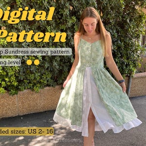 タイストラップサンドレスの縫製パターン、チュートリアル付きデジタルパターン、PDFの即時ダウンロード、サイズUS 2-16