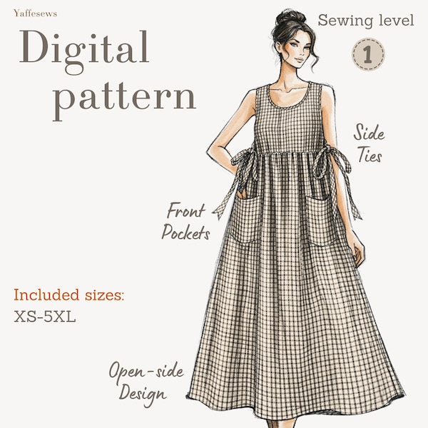 Patrón de costura en PDF para vestido con delantal con lazo lateral, patrón de delantal tipo pichi, delantal de jardín, vestido bohemio fácil, tallas XS-5XL