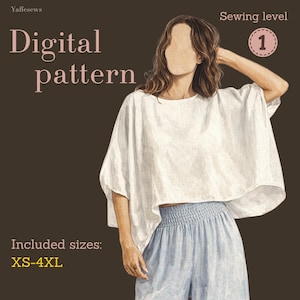 May include: A digital pattern for a loose-fitting white top with wide sleeves and light blue trousers with an elastic waistband. The text reads Yaffesews, Digital pattern, Sewing level 1, and Included sizes: XS-4XL. The illustration shows a faceless figure.