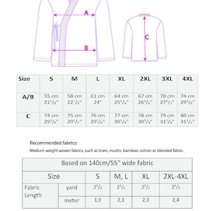 May include: Diagram of a kimono jacket with size measurements in centimeters and inches. The diagram shows the front and back views of the jacket, with labeled dimensions. Fabric requirements are also listed.