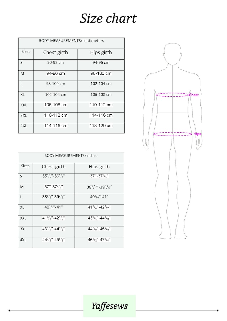 May include: Size chart with body measurements in inches and centimeters. Includes chest and hips girth measurements for sizes S to 4XL. A diagram of a person shows where to measure chest and hips. The text "Yaffesews" is at the bottom.