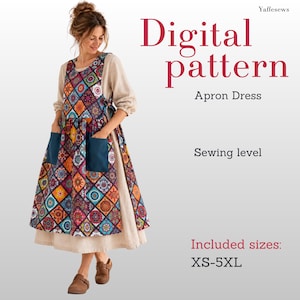 May include: A digital pattern for an apron dress by Yaffesews. The apron features a colorful diamond-shaped mandala print with two solid dark blue pockets, worn over a beige long-sleeved dress. Text includes Digital pattern, Apron Dress, sewing level, and Included sizes: XS-5XL.