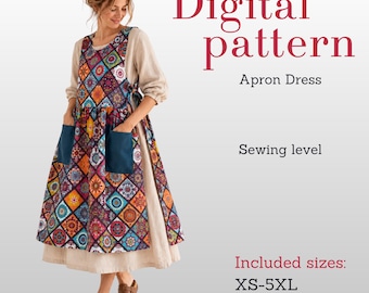 Side Tie Apron Dress PDF Sewing Pattern, Pinafore Apron Pattern,  Garden Apron, Easy Boho Dress, sizes XS-5XL