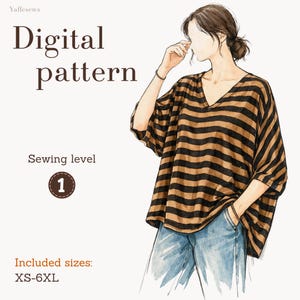 Naaipatroon oversized top met V-hals, casual losse blouse met halve mouwen, maten XS-6XL