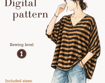 Oversized V-neck top sewing pattern, casual loose blouse with half sleeves, sizes XS-6XL