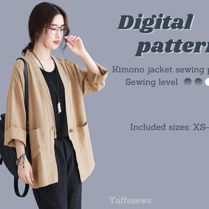 Easy Kimono Sewing Pattern, size XS-5XL, PDF Instant Download, Jacket Kimono with patch pockets