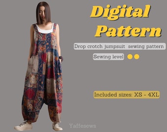 Drop Crotch Jumpsuit Sewing Pattern, Oversized Loose Fit Romper PDF, Baggy Patchwork Overalls, Easy Digital Pattern XS-4XL