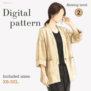 May include: Digital pattern image featuring a beige jacket with pockets and a button closure, worn over a black top and pants. The text "Digital pattern" is displayed, along with "Sewing level 2" and size range XS-5XL.