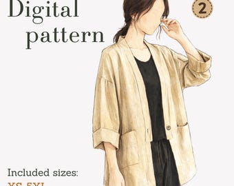 Cartamodello facile per kimono, taglie dalla XS alla 5XL, download immediato in PDF, kimono a giacca con tasche applicate.