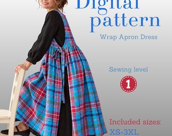 May include: A blue, red, and purple plaid wrap apron dress worn over a black long-sleeve shirt and skirt. Text reads: Yaffesews, Digital pattern, Wrap Apron Dress, Sewing level 1, Included sizes: XS-3XL.