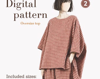 Oversize Top Sewing Pattern, loose top with an asymmetrical hem, Instant PDF download, sizes XS - 6XL