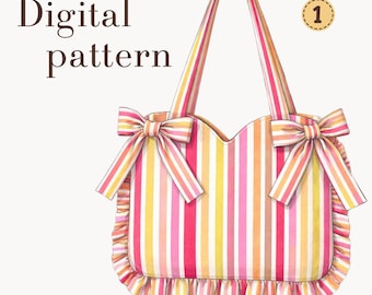 Bow Tote Bag Sewing Pattern, Ruffle Purse Digital PDF A0 A4, Easy DIY Handbag Tutorial, Beginner Sewing Project