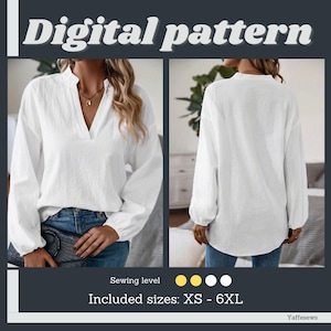 Collar Shirts PDF Pattern, V-neck blouse sewing pattern, instant pdf download, sizes XS-6XL