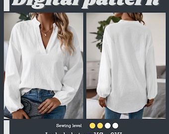 Collar Shirts PDF Pattern, V-neck blouse sewing pattern, instant pdf download, sizes XS-6XL