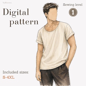 Könnte beinhalten: Illustration eines digitalen Schnittmusters einer Person in einem cremefarbenen T-Shirt und einer dunkelbraunen Hose. Der Text "Digital pattern" und "Enthaltene Größen: S-4XL" sind sichtbar. Ein Symbol für Nählevel 1 ist vorhanden.