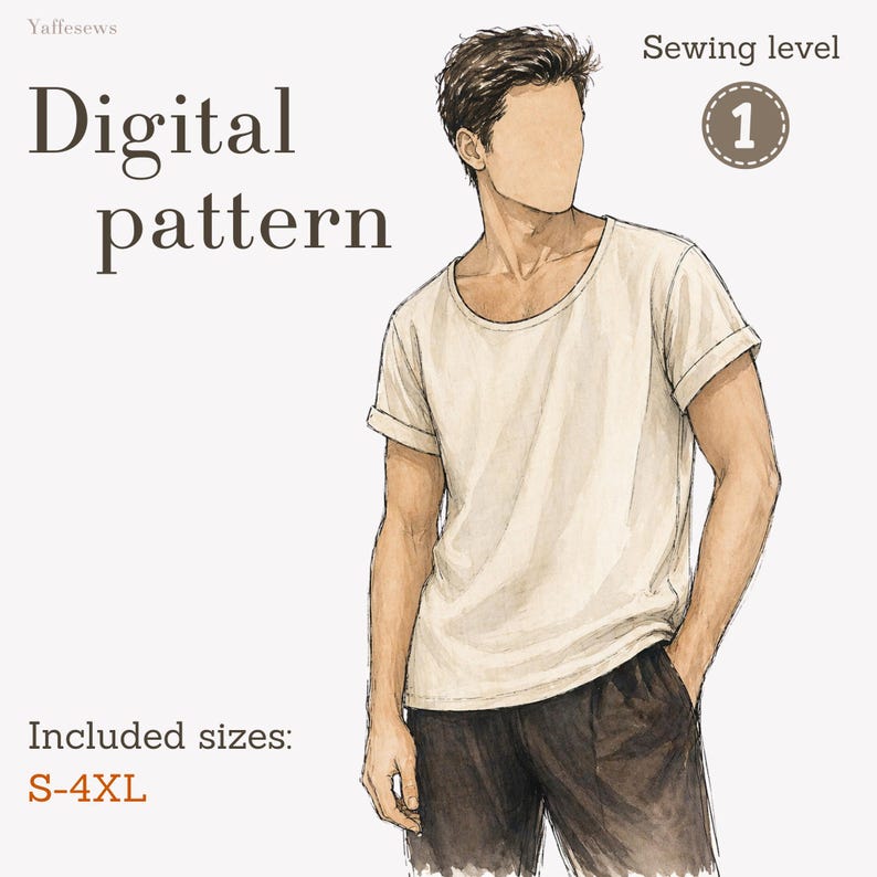 May include: Digital pattern illustration of a person wearing a cream-colored t-shirt and dark brown pants. The text "Digital pattern" and "Included sizes: S-4XL" are visible. A sewing level 1 icon is in the upper right corner.