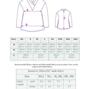 May include: Diagram of a collared shirt with garment measurements in centimeters and inches. The diagram shows the measurements for sizes XS to 4XL. Fabric length in yards and meters is also provided for different sizes.