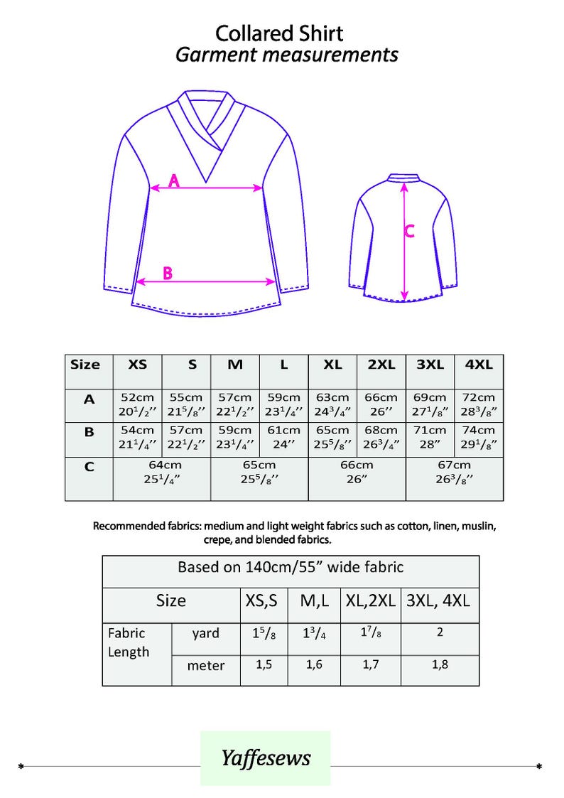 May include: Diagram of a collared shirt with garment measurements in centimeters and inches. The diagram shows the measurements for sizes XS to 4XL. Fabric length in yards and meters is also provided for different sizes.