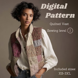 May include: A quilted vest digital pattern with a patchwork design in shades of burgundy, cream, and gray. The vest features a collar and is worn over a white shirt. Text on the image reads "Digital Pattern", "Quilted Vest", "Sewing level 2", and "XS-3XL".