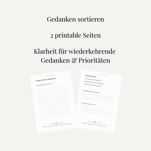 Gedanken sortieren Printable – Overthinking Hilfe – Klarheit im Kopf – Mental Load PDF – 2 Seiten Journal