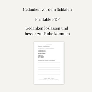 Könnte beinhalten: Ein druckbares PDF-Dokument mit dem Titel "Gedanken vor dem Schlafen" in schwarzem Text. Das Dokument enthält Aufforderungen zur Reflexion und Entspannung mit Platz zum Schreiben. Der Hintergrund ist eine weiche, neutrale Farbe.