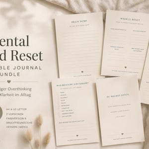 Könnte beinhalten: Eine Sammlung druckbarer Journalseiten mit dem Titel "Mental Load Reset". Die Seiten sind beige mit schwarzem Text, einschließlich Aufforderungen wie "Brain Dump" und "Weekly Reset". Eine Tasse Kaffee und ein Stift sind ebenfalls sichtbar.
