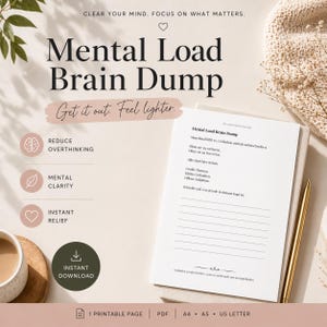 Könnte beinhalten: Ein druckbares Mental Load Brain Dump Journal mit dem Text "Mental Load Brain Dump" und "Get it out. Feel lighter." Das Journal enthält Aufforderungen, um Überdenken zu reduzieren, geistige Klarheit zu erlangen und sofortige Erleichterung zu finden. Enthält einen goldenen Stift.