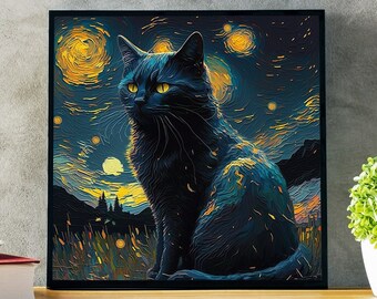 Vincent Van Gogh Sterrennacht zwarte kat portret cadeau voor kattenmoeder instant downloadbare digitale muurkunst png kunstzinnige kattenliefhebbers cadeau kattenpersoon
