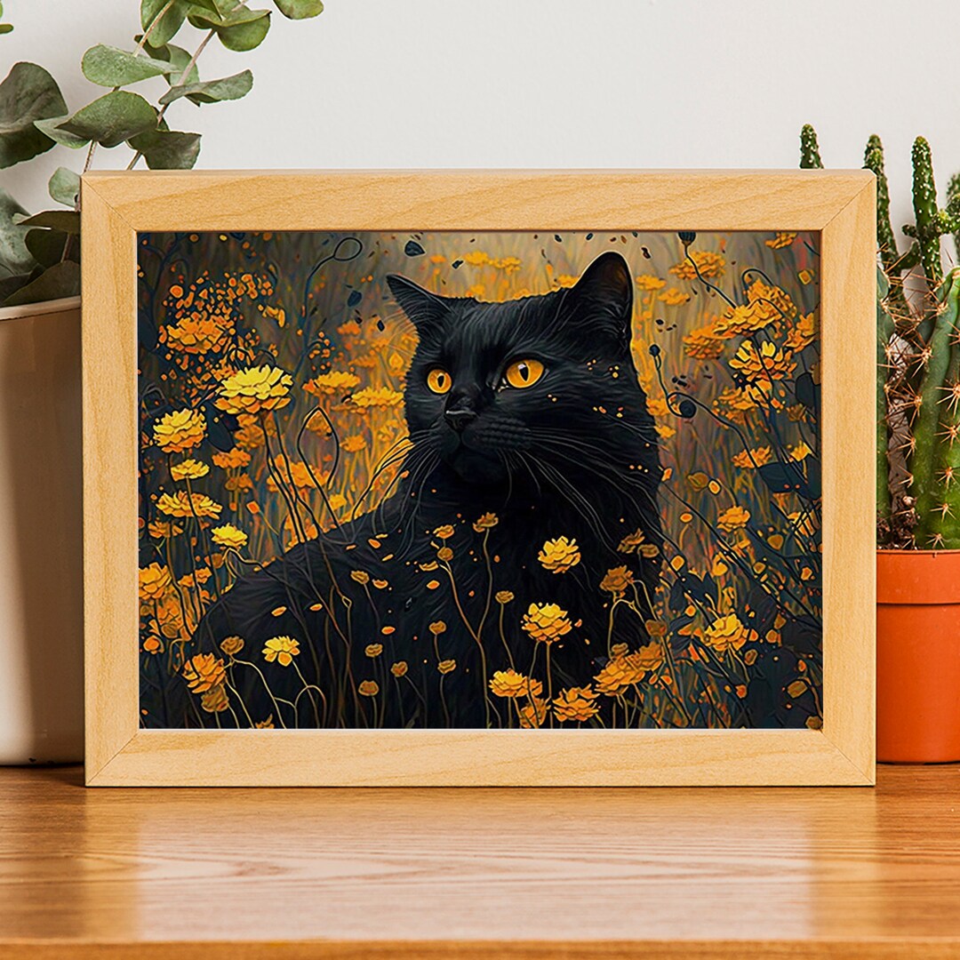 Gustav Klimt Black Cat in Garden Cat Portrait Gift for Cat Mom Instant ...
