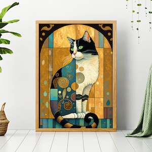 May include: A black and white cat with green eyes sits in a stained glass window. The cat's fur is patterned with swirls and dots in shades of blue, gold, and brown. The background is a warm yellow with geometric shapes.