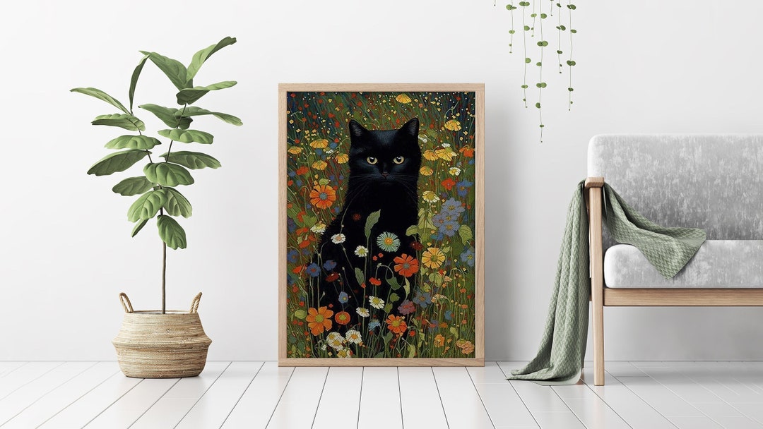 Gustav Klimt Black Cat in Garden Cat Portrait Gift for Cat Mom - Etsy