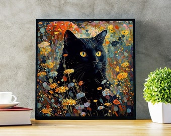 Gustav Klimt kat tuin bloemen schilderij digitale download woondecoratie kat kunst png cadeau voor haar