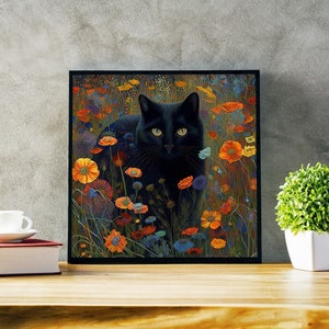 Gustav Klimt chat jardin fleurs peinture téléchargement numérique décoration chat art png cadeau pour elle