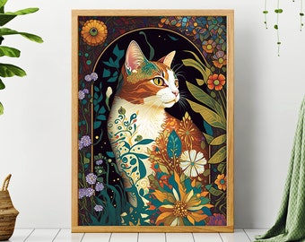 Gustav Klimt kat in tuin kat portret cadeau voor kat moeder instant downloadbare digitale muur kunst png kunstzinnige kattenliefhebbers cadeau kat persoon