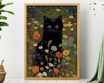 Gustav Klimt zwarte kat in tuin kat portret cadeau voor kat moeder instant downloadbare digitale muur kunst png kunstzinnige kattenliefhebbers cadeau kat persoon