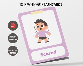 Può includere: Una carta illustrata di colore viola e bianco con un personaggio dei cartoni animati che esprime paura. Il personaggio è un ragazzo con i capelli castani e una camicia viola. Il testo sulla carta dice "Scared".