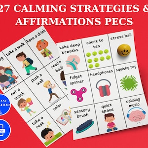 27 kalmerende strategieën Pecs | Affirmatie Pecs | Kalmerende technieken | Autismekaarten | Gedragsondersteuningskaarten | Kalmeren Copingvaardigheden Pecs