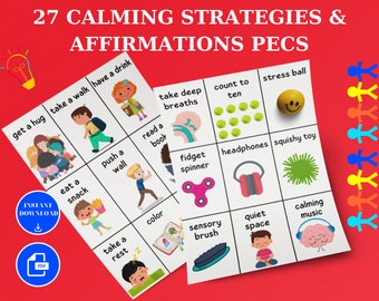 May include: Two printable sheets of calming strategies and affirmations for children. The sheets are divided into a grid with images and text. The text includes phrases like "get a hug", "take a walk", "have a drink", "read a book", "take deep breaths", "count to ten", "stress ball", "fidget spinner", "headphones", "squishy toy", "sensory brush", "quiet space", and "calming music".