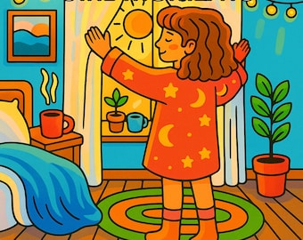 May include: A colorful illustration of a girl in an orange outfit with stars and crescent moons, standing in a room. The text "GIRL MOMENTS" and "CUTE AND COZY COLORING BOOK" are displayed. The room includes a bed, a window with a sun, and plants.