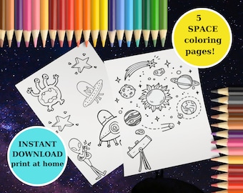 May include: Five black and white space-themed coloring pages featuring a UFO, alien, stars, planets, and a telescope.  The text "5 SPACE coloring pages!" is in a yellow circle at the top of the image.  The text "INSTANT DOWNLOAD print at home" is in a blue circle at the bottom of the image.