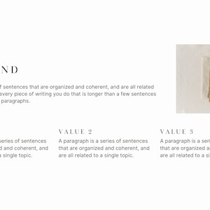 May include: A text-based graphic with the words "OUR BRAND" at the top. The text below explains that a paragraph is a series of sentences that are organised and coherent, and are all related to a single topic. The graphic is divided into three sections, each labelled "VALUE 1", "VALUE 2", and "VALUE 3". Each section repeats the definition of a paragraph. The graphic is accompanied by a photo of four fabric swatches in beige, brown, and green.