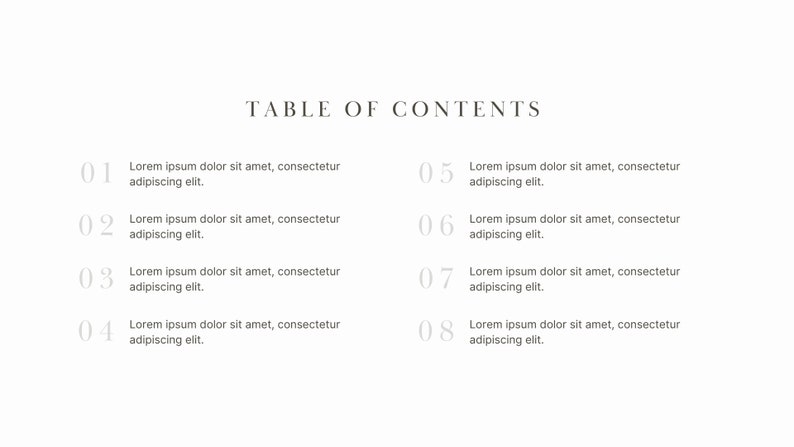 May include: Table of contents with numbered headings from 01 to 08. Each heading is followed by a line of text that reads "Lorem ipsum dolor sit amet, consectetur adipiscing elit."