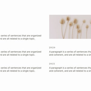 May include: A timeline of text with the years 2014, 2016, 2018, 2020, and 2021. Each year is followed by a description of a paragraph. The image also includes a photo of dried flowers.