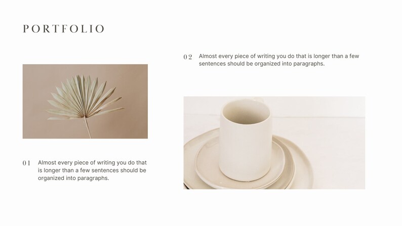 May include: A beige background with a dried palm leaf in the centre. The text "Almost every piece of writing you do that is longer than a few sentences should be organised into paragraphs." is written below the image.