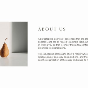 May include: A single brown pear sits on a white surface with a shadow cast on the wall behind it. The text "ABOUT US" is in the upper right corner of the image.