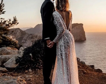 Bohemian beach Wedding Dress Crystal Glitter lace v-neck with a sexy open back