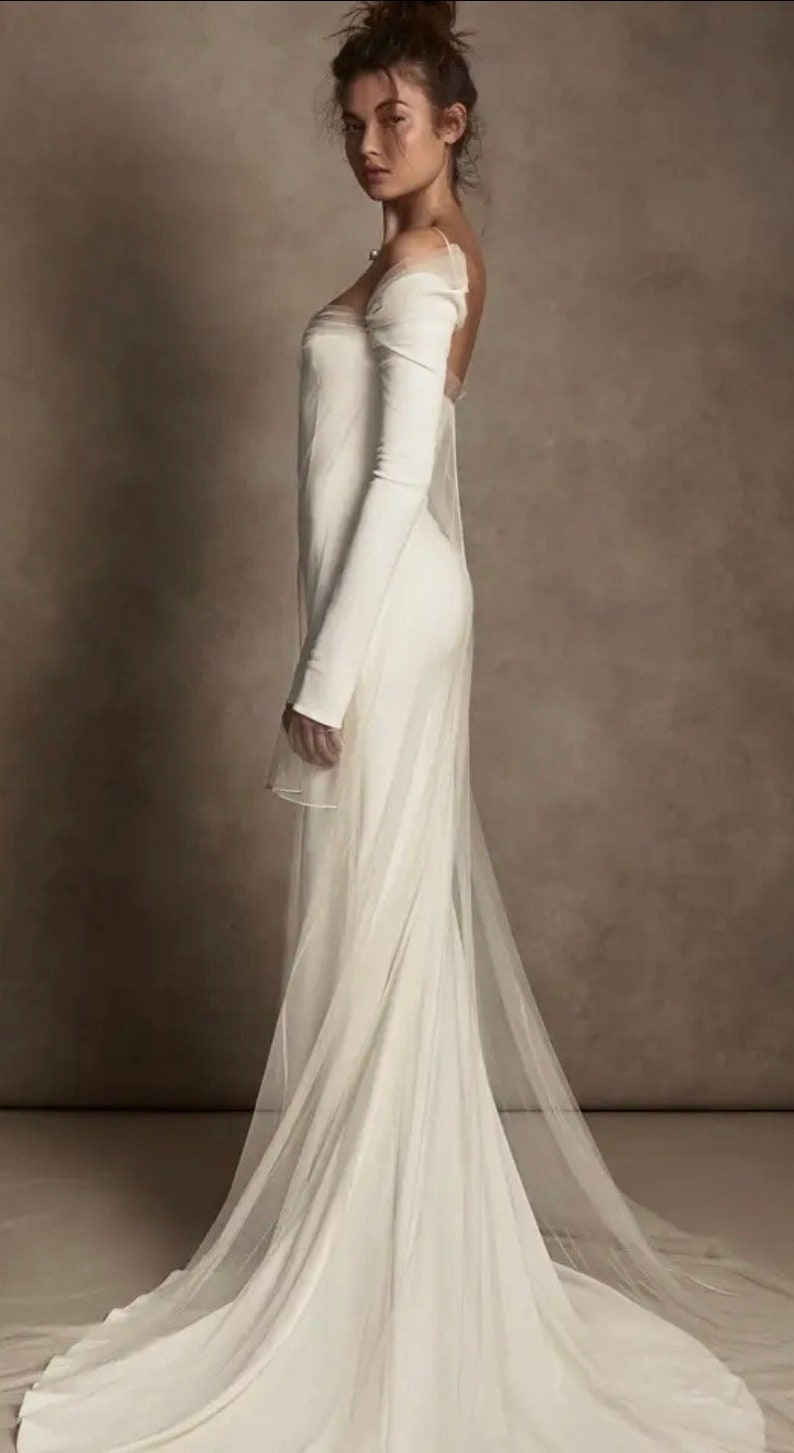 Long Sleeves Boat Neck Sheath/Cloum Wedding Dresses Formal Bride Dress/ Long Sleeve/Draped off shoulder. Satin/Tulle image 2