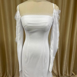 Long Sleeves Boat Neck Sheath/Cloum Wedding Dresses Formal Bride Dress/ Long Sleeve/Draped off shoulder. Satin/Tulle image 6
